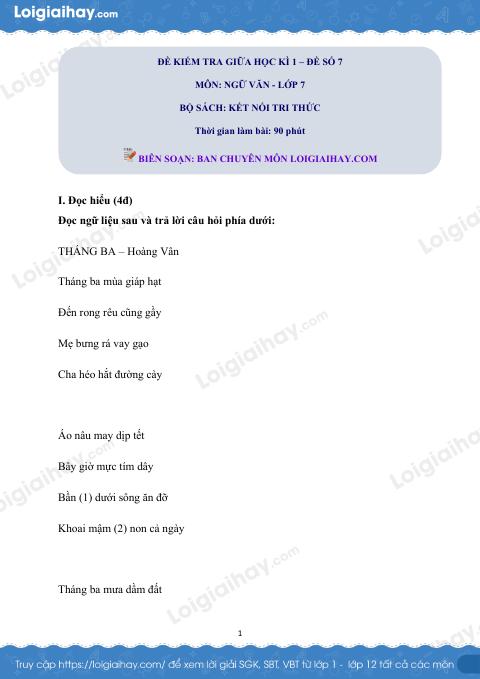 Đề thi giữa kì 1 Văn 7 Kết nối tri thức - Đề số 7